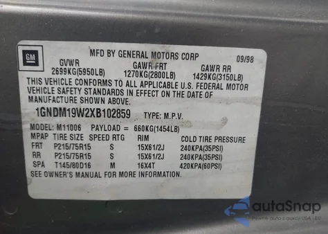 1999 Chevrolet Astro from USA, damaged, VIN 1GNDM19W2XB102859